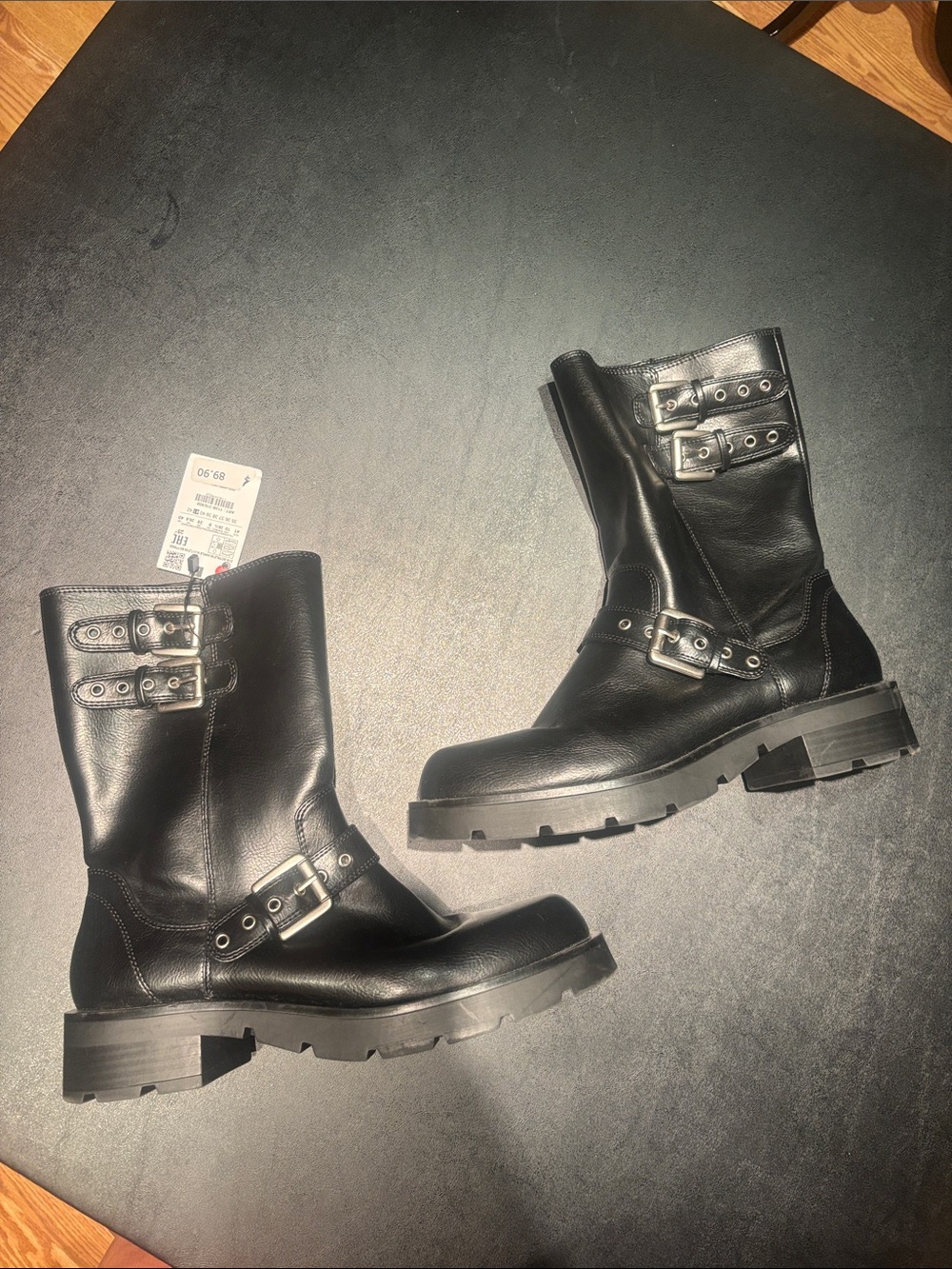 Zara Black Leather Buckle Combat Boots
